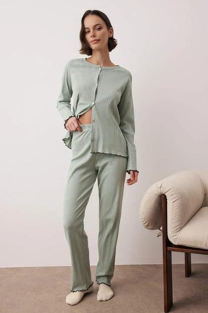 Pink Button Through Pointelle Ribbed Long Sleeve Knit Pyjama Set