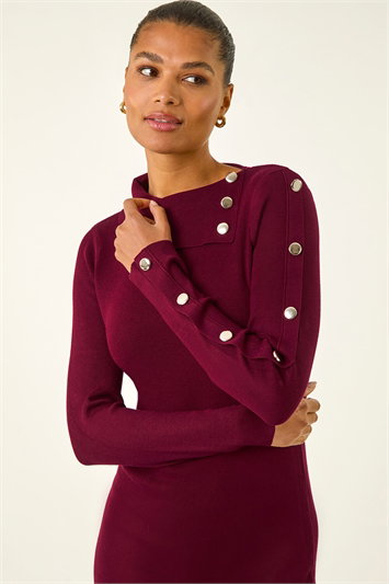 Red Button Detail Roll Neck Jumper Dress