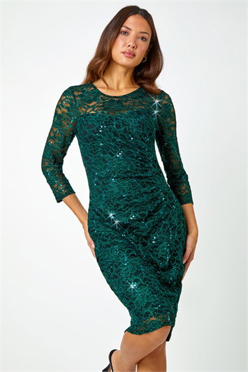 Sequin Lace Ruched Stretch Dress 14447934