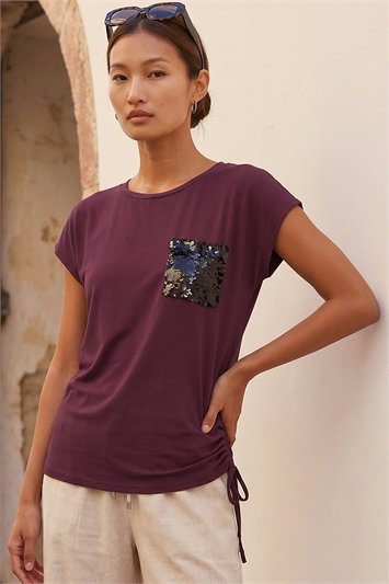 Red Sequin Pocket Side Ruched T-Shirt