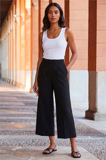 Black Elastic Waist Wide Leg Cropped Culottes