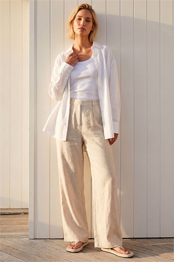 Cream Linen Blend Wide Leg Trousers