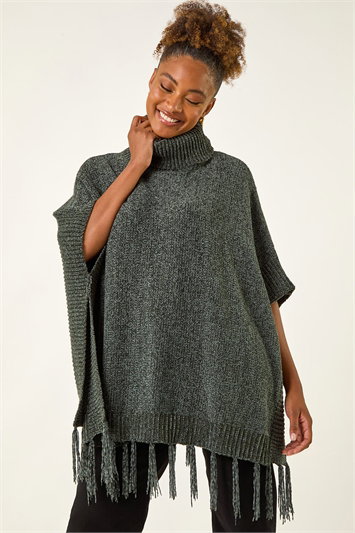 Green Tassle Trim Knit Poncho