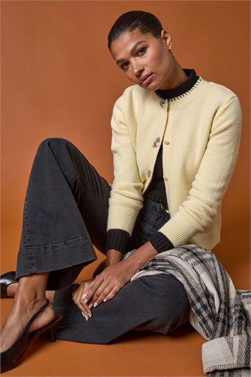 Yellow Contrast Stitch Knit Cardigan