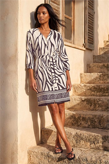 White Abstract Border Tie Shirt Dress