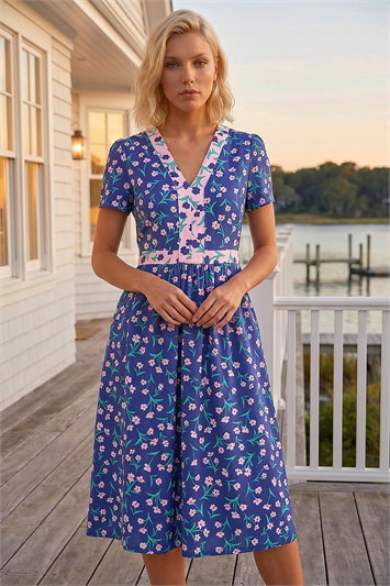 Petite Floral Contrast Stretch Midi Dress 14845909