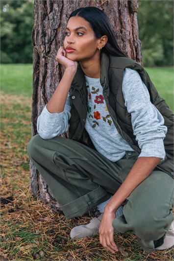 Grey Floral Embroidered Knit Jumper