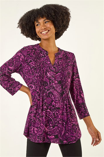 Pink Paisley Print V-Neck Stretch Top
