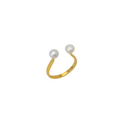 Metallic Double Pearl Sterling Silver Adjustable Open Ring