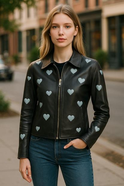 Black Leather Hearts Biker Jacket - Renmark