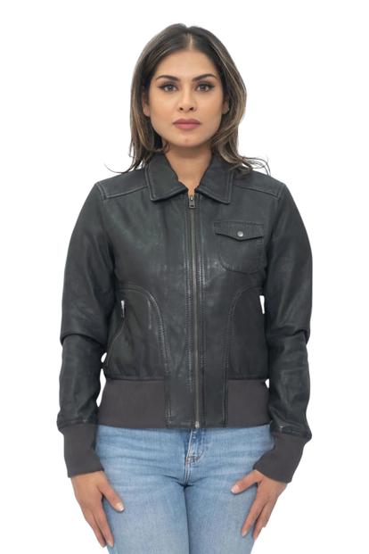 Black Womens Leather Ma-1 Varsity Jacket - Ann