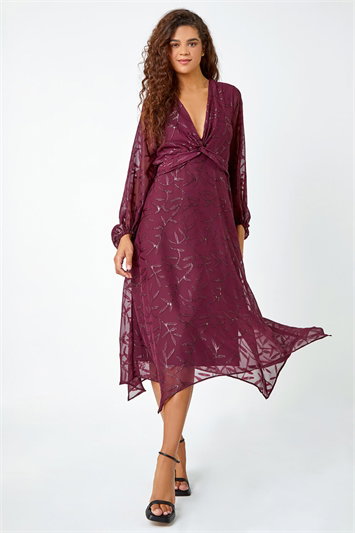 Textured Floral Print Twist Front Midi Dress 14472895