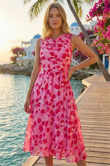 Floral Print Chiffon Cowl Neck Dress 14726872