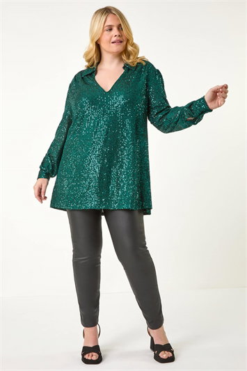 Curve Sequin V-Neck Stretch Shirt 19315739