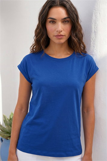 Blue Plain Stretch Cotton Jersey T-Shirt