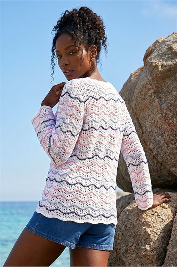 Coral Crochet Fringe Hem Longline Cardigan | Roman UK