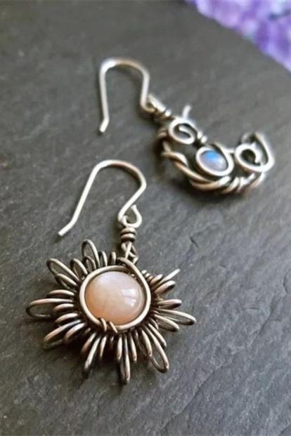 Metallic Sun And Half Moon Moonstone Wire-Wrapped Boho Dangle Hook Earrings
