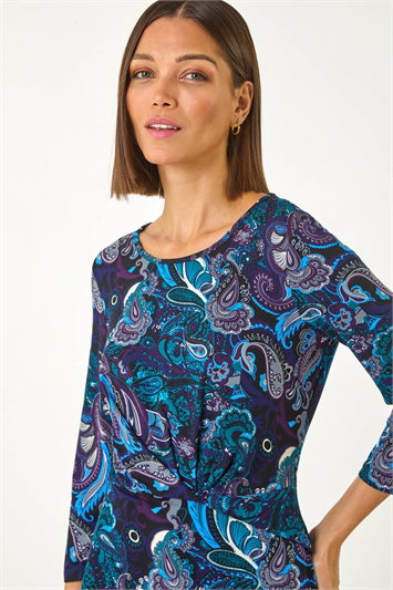 Blue Paisley Print Twist Front Top