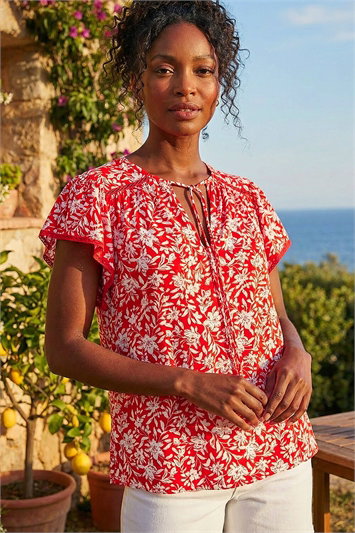 Red Floral Print Frill Sleeve Tie Top