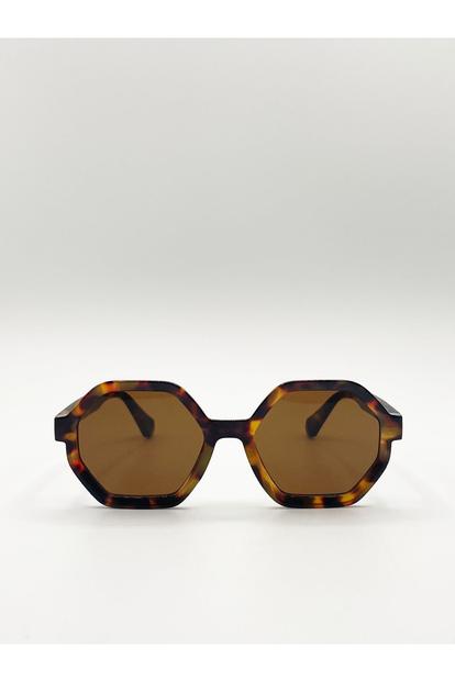 Brown Tortoiseshell Oversized Hexagon Frame Sunglasses