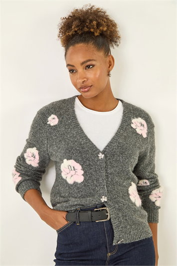 Grey Embossed Floral Knit Cardigan
