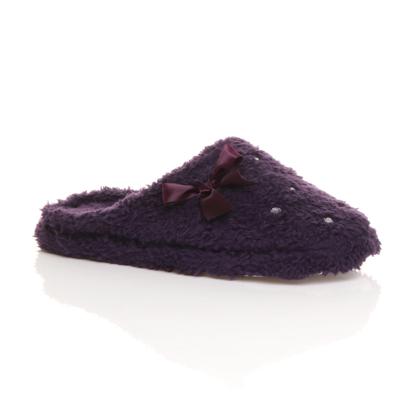 Purple Fleece Diamante Mules Slippers