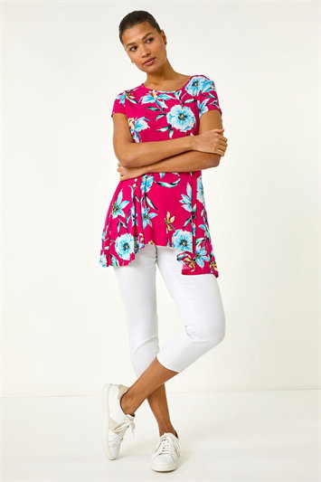 Pink Floral Print Hanky Hem Stretch Tunic Top
