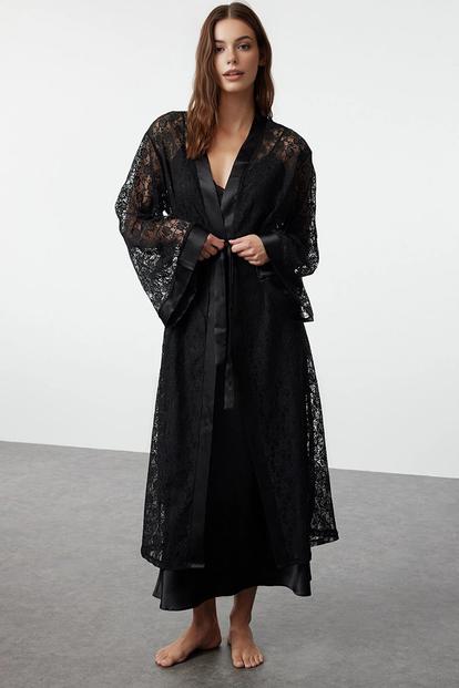 Black Women’S Lace Dressing Gown With Satin Trim And Belt