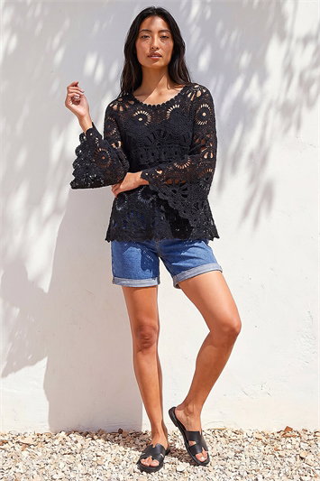 Petite Crochet Flare Sleeve Top 16327908
