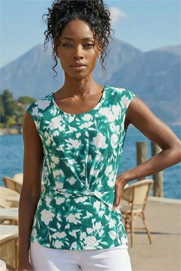 Blue Floral Jacquard Twist Front Top