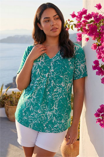 Green Curve Abstract Print V-Neck Top