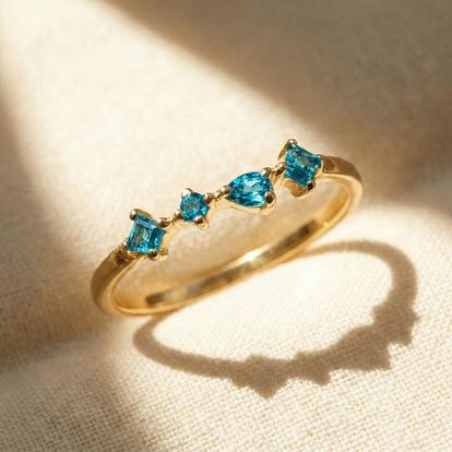 Metallic Adjustable Gold Vermeil Ring With Minimalist Blue Aquamarine Gemstones
