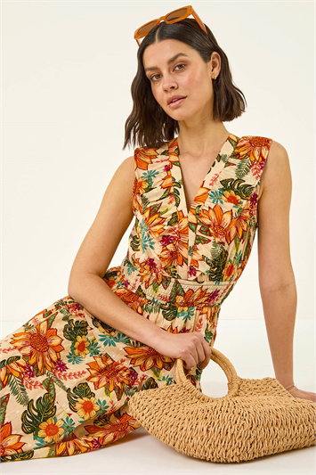 Orange Floral Print Frill V-Neck Maxi Dress