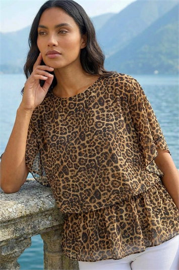 Brown Animal Print Mesh Overlay Top