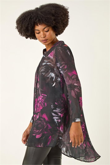Black Floral Print Pleated Back Blouse