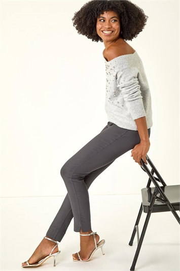 Grey Full Length Elastic Waist Stretch Trousers