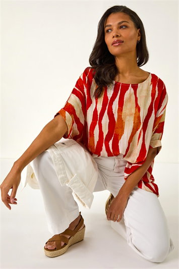 Red Abstract Buttoned Top