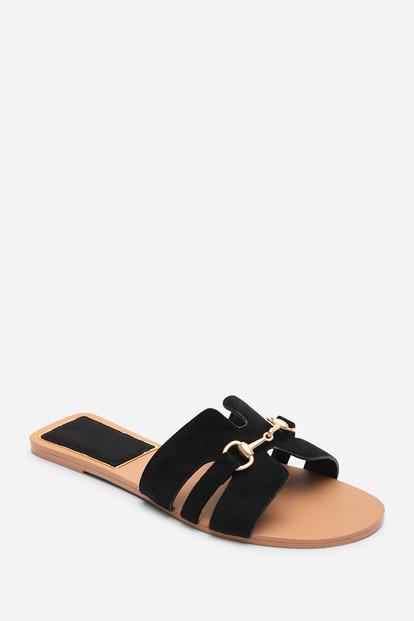Black Dorina Embellished Wide Fit Slide On Sandals