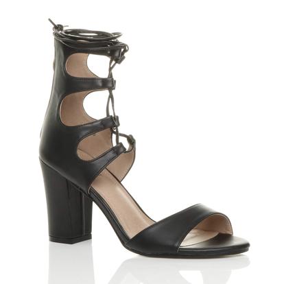 Black High Block Heel Lace Up Ghillie Strappy Sandals