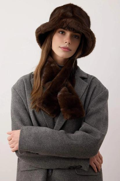 Purple Two Piece Faux Fur Hat And Scarf Knit Set