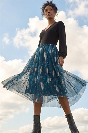 Blue Abstract Print Mesh Overlay Skirt