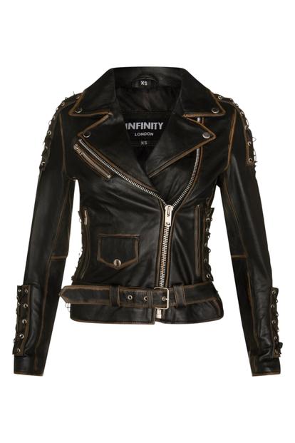 Black Womens Brando Leather Biker Jacket-Bari