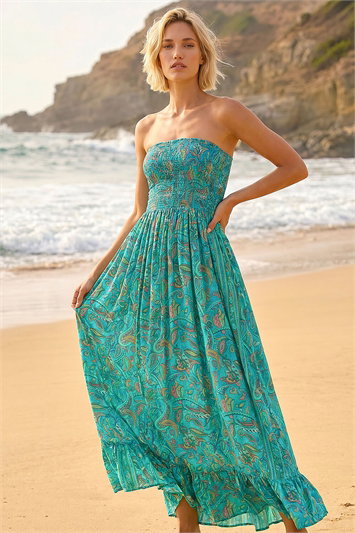 Blue Floral Print Bandeau Shirred Maxi Dress