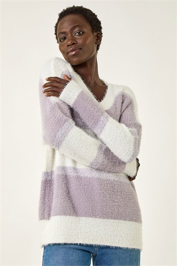 Purple V-Neck Stripe Knit Jumper