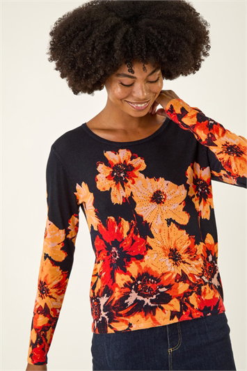 Blue Hotfix Floral Print Knit Jumper
