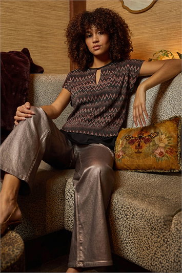 Metallic Zig Zag Print Bubble Hem Top