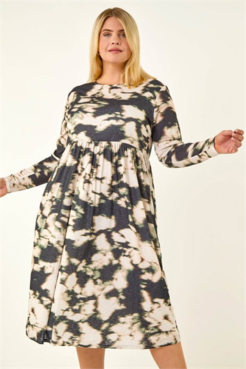 Black Curve Abstract Print Midi Dress
