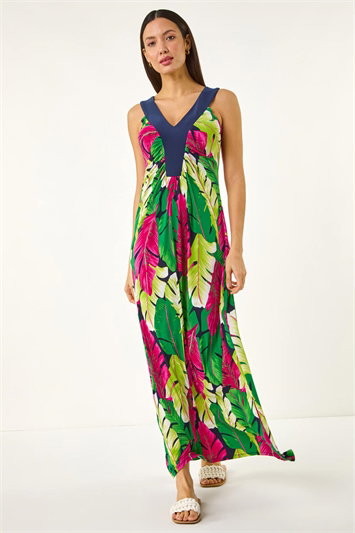 Green Leaf Print Contrast Band Maxi Dress