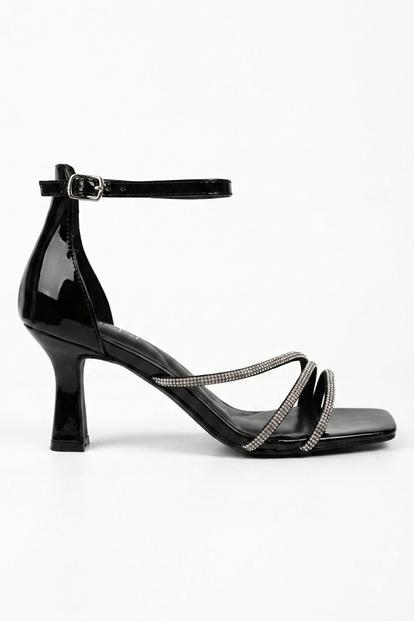 Black Pearl Patent Rhinestone Strap Square Sandals