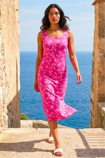 Pink Dandelion Print Midi Dress